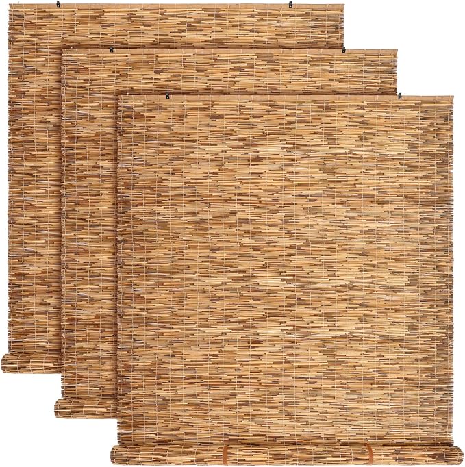 DoubleFill 3 Pcs Bamboo Shades Outdoor Reed Roll Up Blinds 48" W x 72" H Blackout Sunshade Cordless Bamboo Blinds for Home Porch, Patio & Windows Decor Shutters Sunlight Privacy Screen(Carbon Brown)