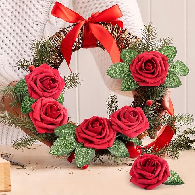 Mocoosy 50 Pcs Artificial Flowers Red Roses Bulk, Real Looking Fake Foam Roses with Stems DIY Wedding Bouquet Floral Arrangement Bridal Shower Centerpieces Mother's Day Party Home Table Decorations