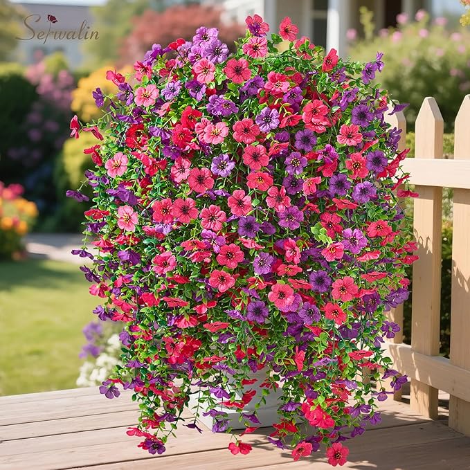 Serwalin 4PCS Artificial Hanging Flowers for Outdoors Summer Decoration, UV Resistant Fake Hanging Realistic Plants for Patio, Garden, Porch, Window, Outside (Purple&Rose Red,4PCS)