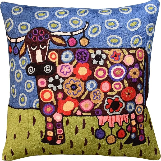 Cow Pillow Cover Karla Gerard Animal Cow-Themed Throw Kids Room Pillowcase Blue Chair Pillows Whimsical Cow Art Throw pillowsham Hand Embroidered Wool Size 18x18
