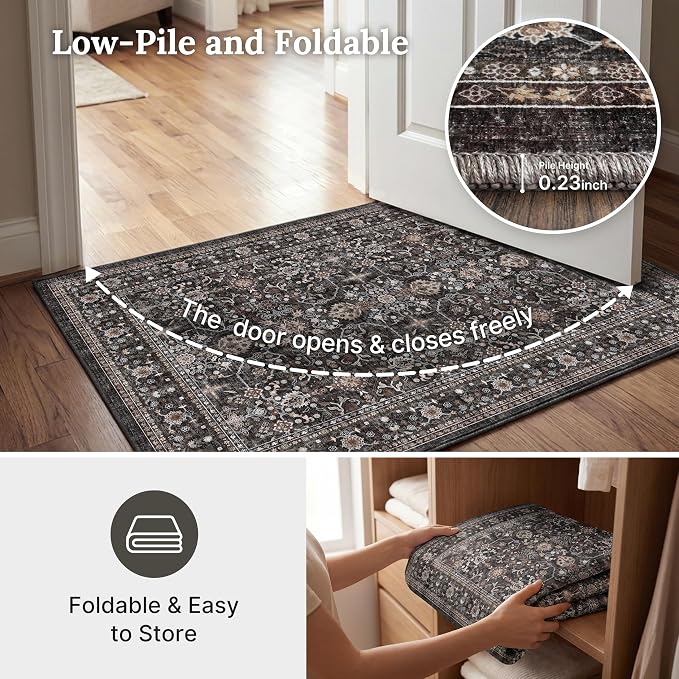 Ruaruarug Washable Area Rug 8x10 for Living Room, Bedroom, Ultra Soft Non Slip Stain & Fade Resistant, Pet & Kids Friendly, Suitable for High Traffic Areas Easy to Clean for Office Kitchen, Black Grey