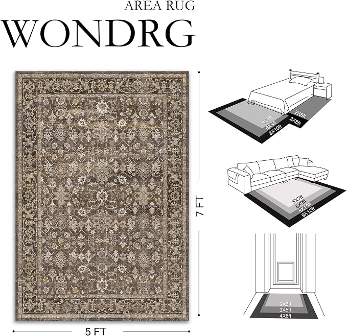 9x12 Brown Washable Vintage Area Rug for Living Room Soft Floral Non Slip Large Rug Modern Low Pile Stain Resistance Indoor Carpet Bedroom Office Playroom Office Classroom