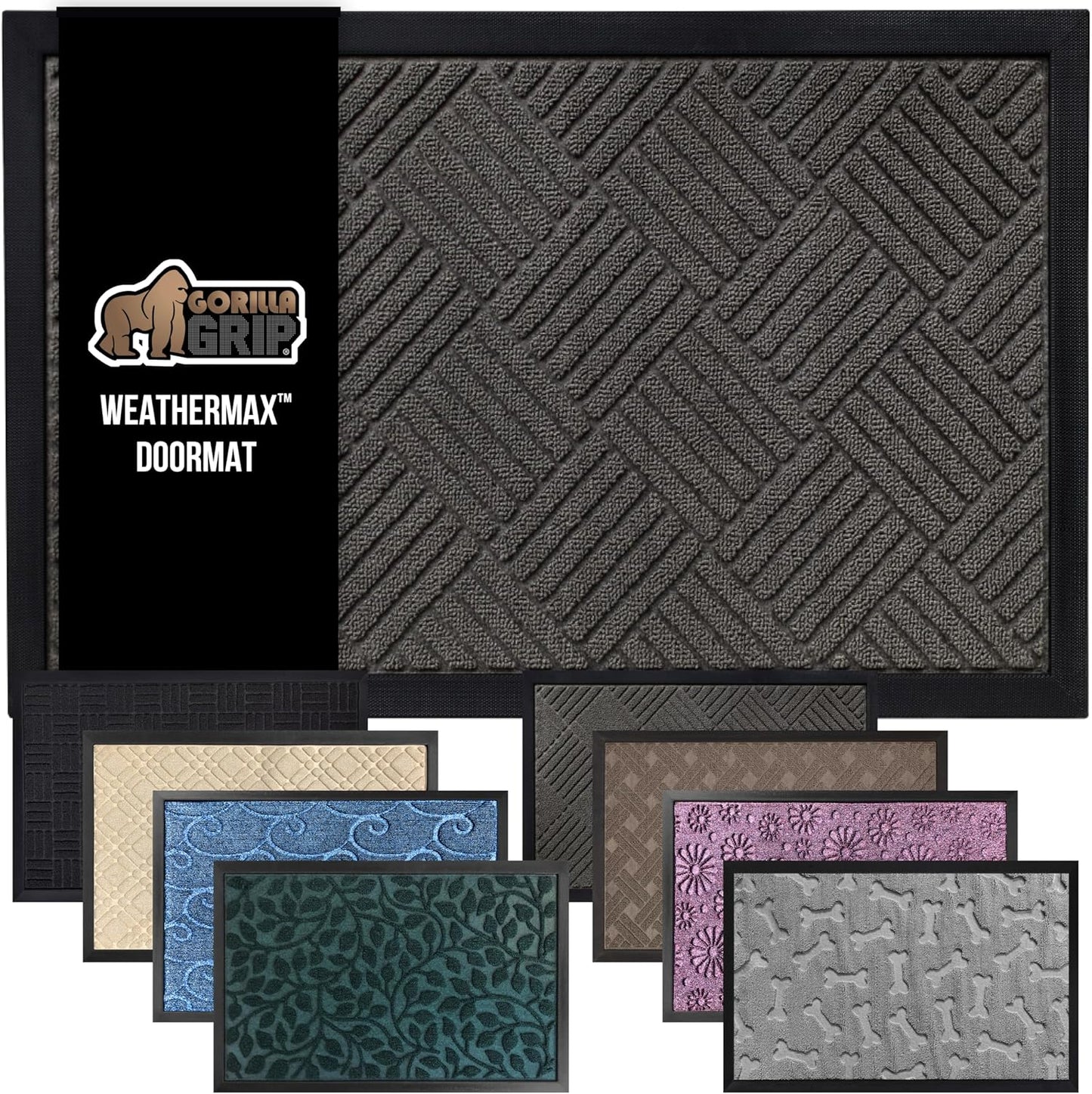 GORILLA GRIP 100% Waterproof All-Season WeatherMax Doormat 35x23, US Designed Natural Rubber, Stain and Fade Resistant, Low Profile Indoor Outdoor Door Mats, Easy Clean Patio Mat, Gray Diamond