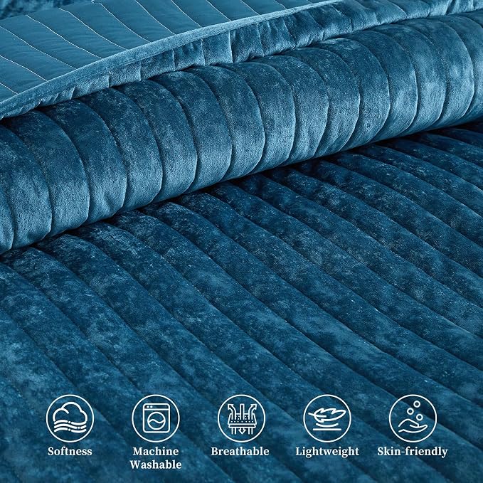 Luxury Soft Velvet Quilt Set Queen Size - Lightweight Velvet Bedding Set for All Season, Oversized Bedspread Coverlet Comforter Set with 2 Pillow Shams, Blue, Striped