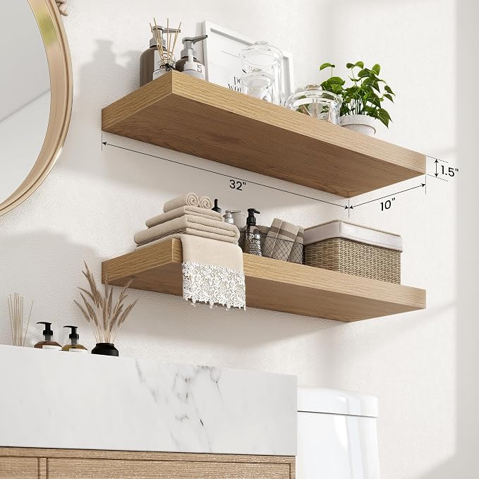 Axeman 32Inch Floating Shelves for Wall, 2 Pack Shelves for Bedroom, Bathroom, Kitchen, Hanging Wall Mounted Rustic Wood Shelf with Invisible Brackets for Books Decor, Oak