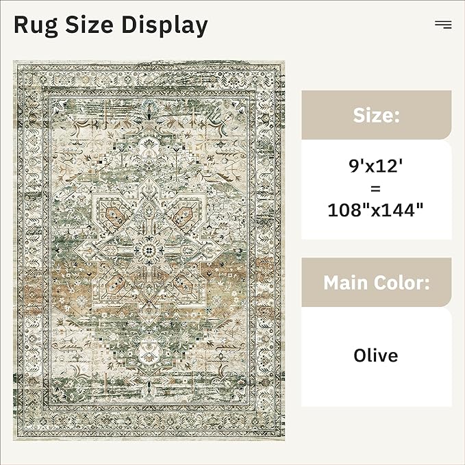 Soalmost 9x12 Area Rugs for Living Room, Non Slip Machine Washable Vintage Rugs, Low Pile Lightweight Large Rug for Bedroom, Dining Room, Home Office Olive