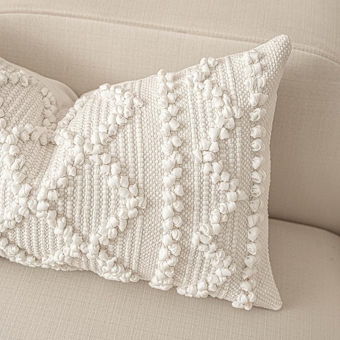 BlissBlush Pure White Decorative Lumbar Pillow Cover 14x36, Boho Long Throw Pillow for Bed, Accent Lumbar Throw Pillow Case, Modern Farmhouse Textured Lumbar Cushion (Cover ONLY)