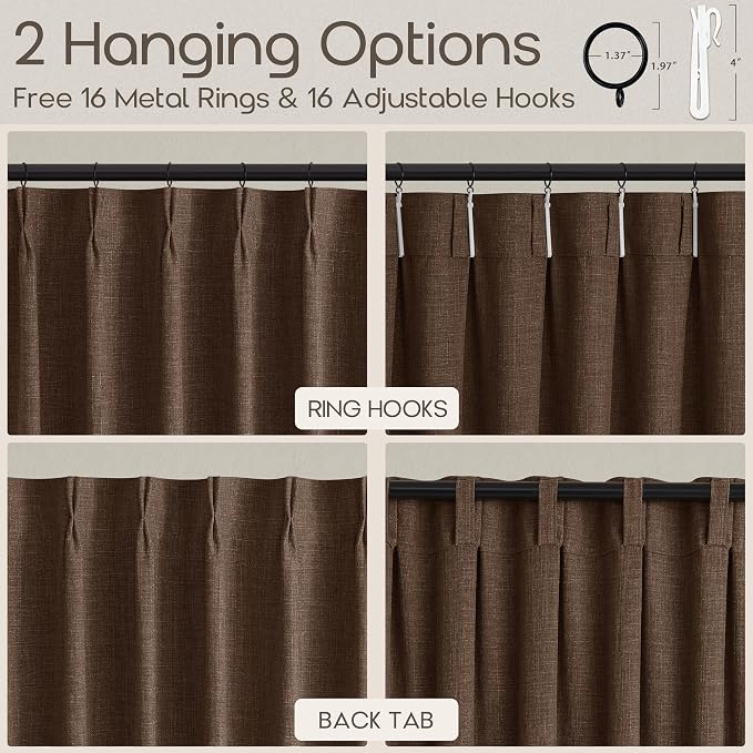 Short Pinch Pleated Dark Brown Curtains 24 Inches Rustic Vintage Light Filtering Decorative Small Window Curtain for Kitchen Dining Room Semi Sheer Privacy Flax Linen Pleat Drapes 24 Inch Length
