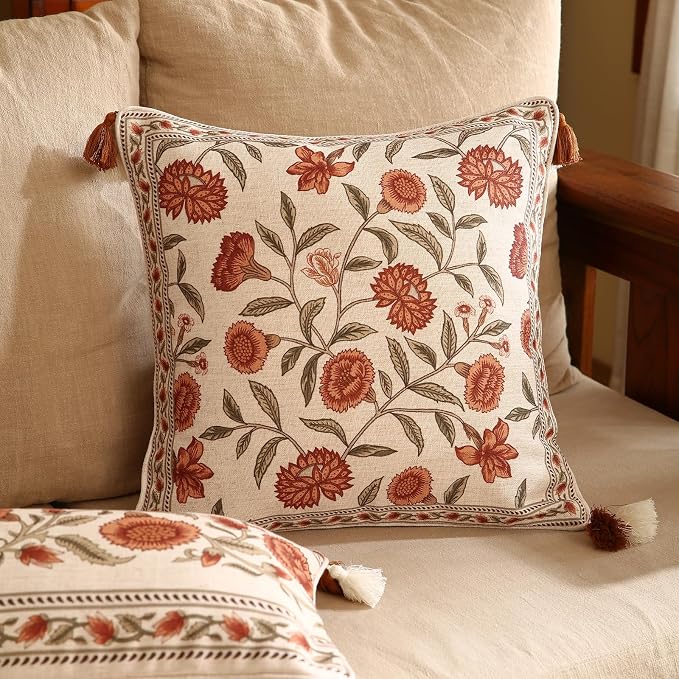 ISAENNE Vintage Linen Square Throw Pillow Cover,Set of 2,18"x18"-Albano A | Designer French Pillow Cover,Concealed Zipper Design,Orange Floral Pattern,Sofa,Bedroom,Living Room,Lounge Chairs