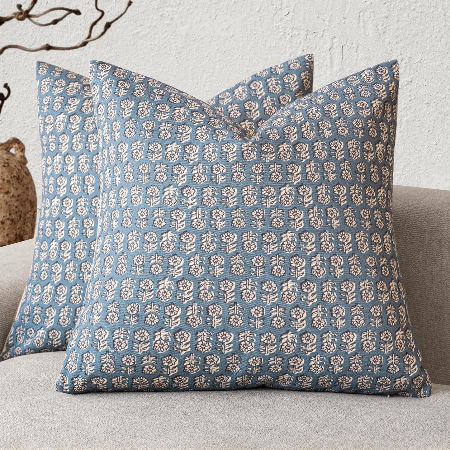 Foindtower Set of 2 Decorative Neutral Floral Print Throw Pillow Covers Vintage Accent Farmhouse Cushion Covers Boho Home Decor for Sofa Couch Chair Bedroom Living Room Outdoor,22×22 Inch,Dusty Blue