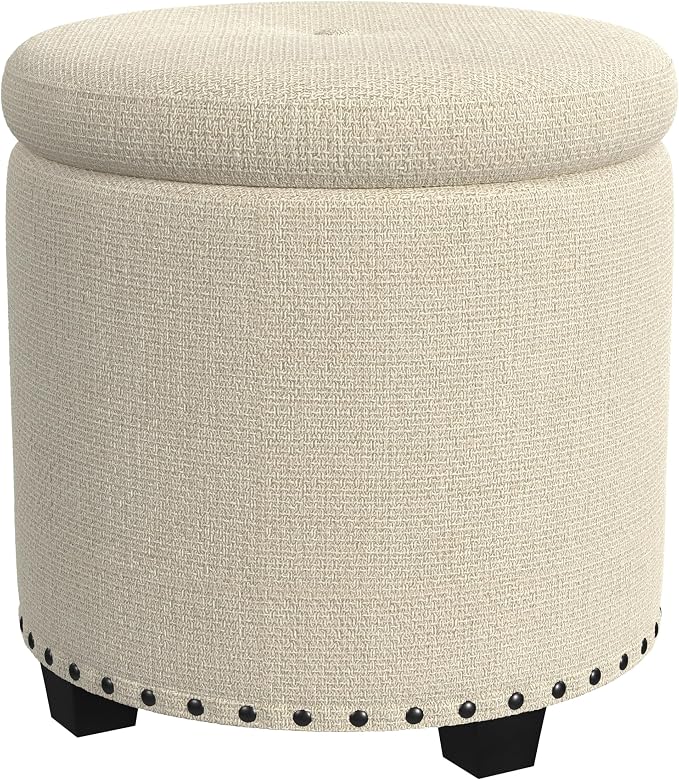 HomePop 18.5" Round Storage Ottoman with Nailheads - Cream Woven