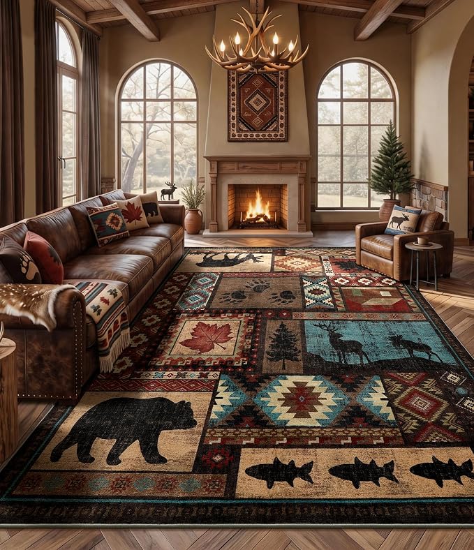 YIHOUSE Rustic Cabin Rugs for Living Room 10x14, Wildlife Bear & Deer Area Rug, Washable Southwestern Lodge Large Area Rug