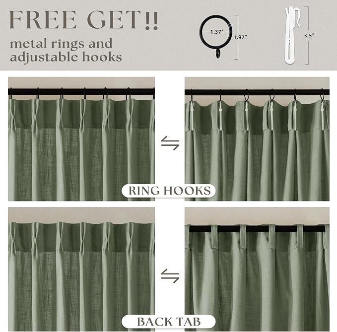 Sage Green Pinch Pleated Linen Curtains 80 Inches Long for Living Room Bedroom Light Filtering Boho Window Drape 80 inch 2 Panels with Hooks Rings Sliding Glass Door Semi Sheer Curtain Light Green