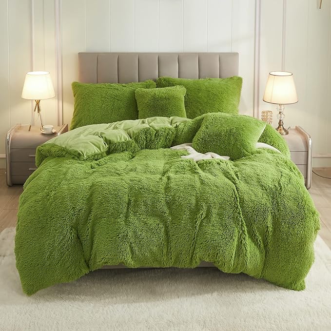 Faux Fur Velvet Fluffy Bedding Duvet Cover Set Down Comforter Quilt Cover with Pillow Shams, Ultra Soft Warm (Apple Green, Queen)