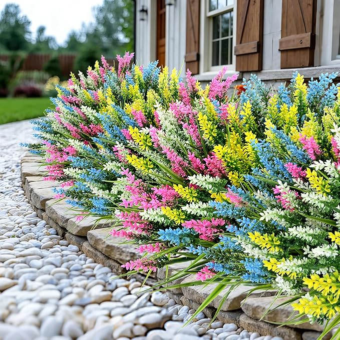 Geegoods Artificial Plants Flowers Outdoor – 24 Bundles UV Resistant Faux Lavender Flowers with Monkey Grass for Garden Porch Window Patio Hanging Planter Decor