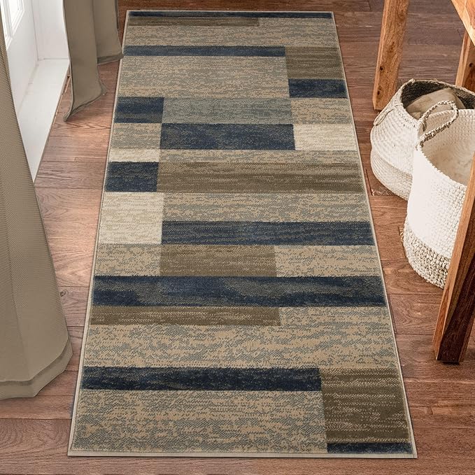 Superior Indoor Runner Rug, Jute Backed, Modern Geometric Patchwork Floor Decor for Bedroom, Office, Living Room, Entryway, Hardwood Floors, Rockwood Collection, 2' 7" x 8', Midnight Navy