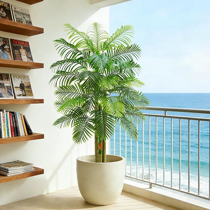Artificial Golden Cane Palm Tree：6T Fake Large Tropical Areca Palm Trees Tall Faux Silk Plant in White Pot with Realistic Triple Textured Trunks for Office Outdoor Home Decor Hotel Patio Lobby