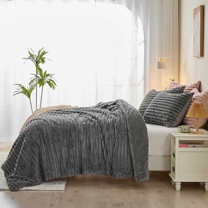 Simple&Opulence Fluffy Faux Fur Comforter Set, Plush Fuzzy Minky Bedding Set, 3 Pieces Warm Soft Comforter Bedding Set for Winter - 1 Shaggy Comforter with 2 Pillow Shams(Queen, Striped - Dark Grey)