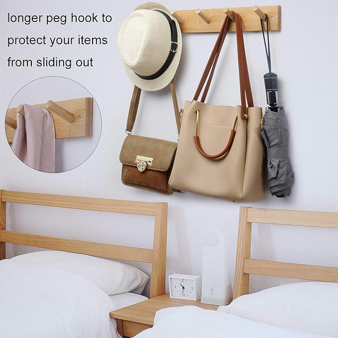 WEBI Coat Rack Wall Mounted,16" Hole to Hole,Coat Hanger Wall Mount with 5 Hooks for Hanging Coats,Hook Rack Peg Rail for Hats,Jacket,Clothes,Towels,Natural,2 Packs