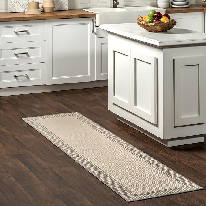Nuloom Asha Light Grey/Ivory, 2' x 8', Casual, Striped Border, Soft and Cozy, High Traffic, Easy Clean, Durable Runner for Indoor/Outdoor Patio, Deck, Porch, Garden, Courtyard