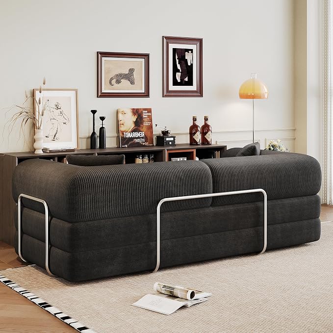 JINGLING 79" Queen Sleeper Sofa Bed with Memory Foam, Compressed Couch in a Box, Foldable Convertible Small Couches for Small Spaces Bedroom Game Room, Corduroy Fabric, Black