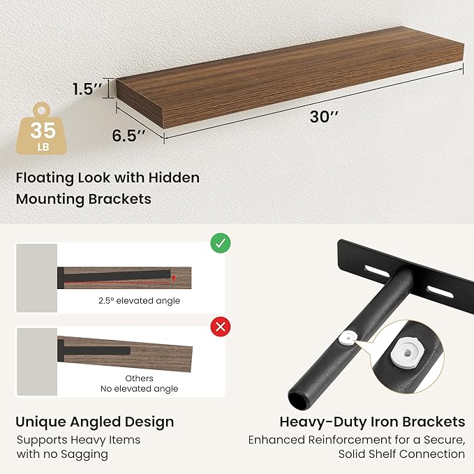 Fun Memories Rustic Wood Floating Shelves for Wall, Space-Saving Wall Mounted Shelves for Bathroom, Bedroom, Living Room and Kitchen, Stylish Storage & Display (Set of 2, Walnut, 30 in)