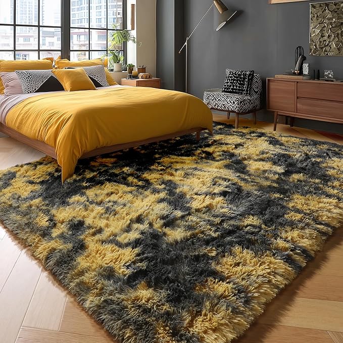 PAGISOFE 4x6 Black and Yellow Bedroom Rugs, Fluffy Modern Living Room Area Rug, Fuzzy Shaggy Carpet, Indoor Plush Rugs for Kids Room Furry Floor Rug for Boys Room Decor Carpet for Teen Dorm Nursery