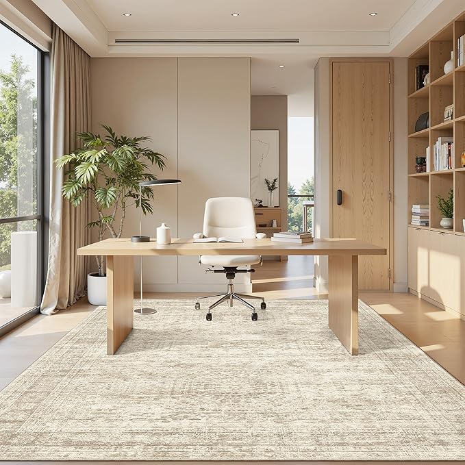 Soalmost 7x9 Area Rug for Living Room Washable Abstract Vintage Soft Thin Indoor Floor Non-Slip Carpet for Bedroom Dining Room Beige