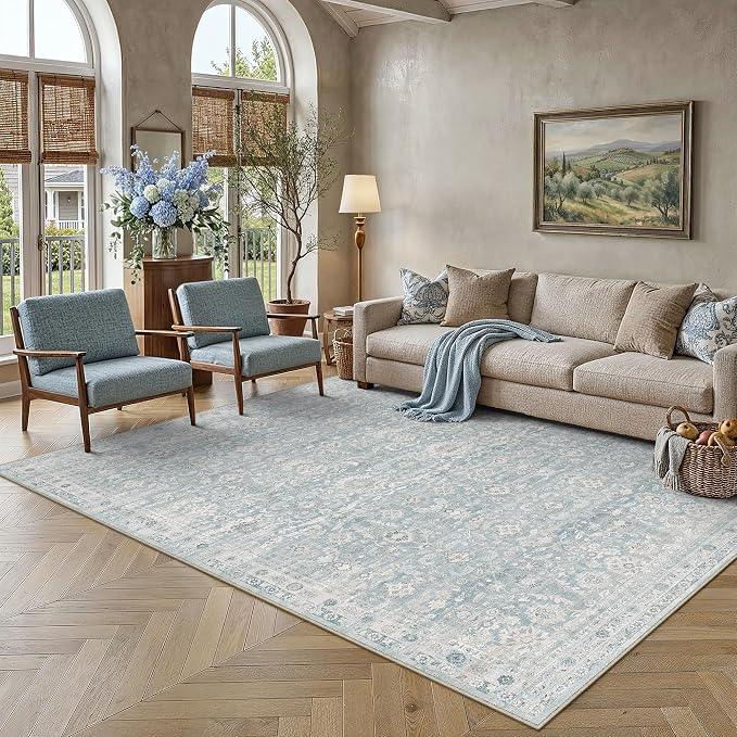 5x7 Blue Washable Neutral Area Rug for Living Room Distressed Floral Non Slip Low Pile Large Rug Indoor Vintage Stain Resistant Distressed Carpet Bedroom Dining Room Classroom Office Playroom