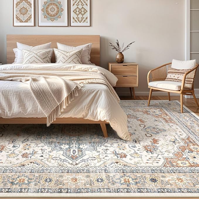 12x15 Area Rug Living Room: Washable Boho Large Neutral Vintage Soft Rugs Stain Resistant Distressed Farmhouse Non-Slip Indoor Floor Carpet for Bedroom Nursery Kids Office Dining Room- Beige Blue