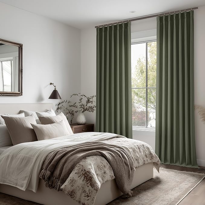 Pinch Pleated Dark Olive Linen Curtains 108 Inches Long for Living Dining Room with Hooks Rings Back Tab Pinch Pleat Drapes Rifle Green Light Filtering 108 Inch Curtains for Bedroom 9FT 2 Panels