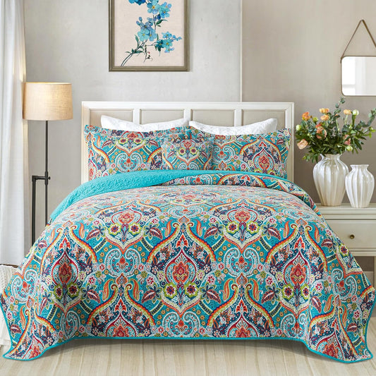 VAPUTAR Quilt King Bedding Set - Soft Cotton Quilts with Paisley Floral Pattern - Lightweight Reversible Bedspreads for Farmhouse (3 Pieces, Bright Teal)