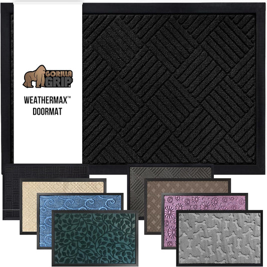 GORILLA GRIP 100% Waterproof All-Season WeatherMax Doormat US Designed Natural Rubber, Stain and Fade Resistant, Low Profile Indoor Outdoor Door Mats, Easy Clean Patio Mat, 17x29, Black Diamond