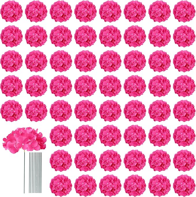 AVIVIHO 65pcs Fake Flowers Hot Pink Hydrangea Artificial Flowers Bulk (Not Squished, No Steaming Need) Silk Flowers with Stems for Wedding Decor,Home,Baby Shower,Table Centerpieces Decoration