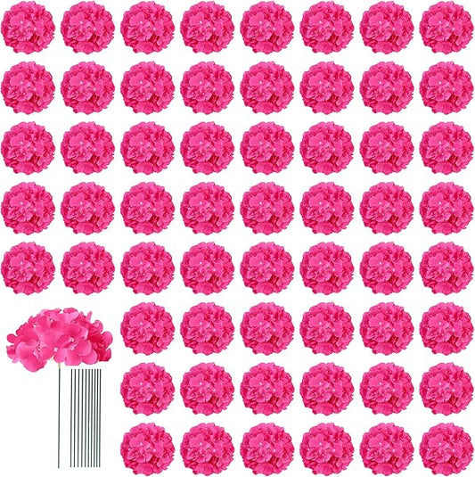 AVIVIHO 65pcs Fake Flowers Hot Pink Hydrangea Artificial Flowers Bulk (Not Squished, No Steaming Need) Silk Flowers with Stems for Wedding Decor,Home,Baby Shower,Table Centerpieces Decoration