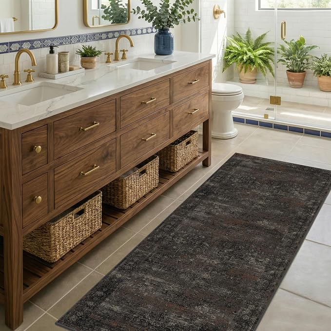 Black 2'6" x 8' Washable Hallway Runner Rug, Non Slip Long Kitchen Runner, Dark Charcoal Low Pile Stain Resistant Rug for Entryway, Bathroom & Laundry Room
