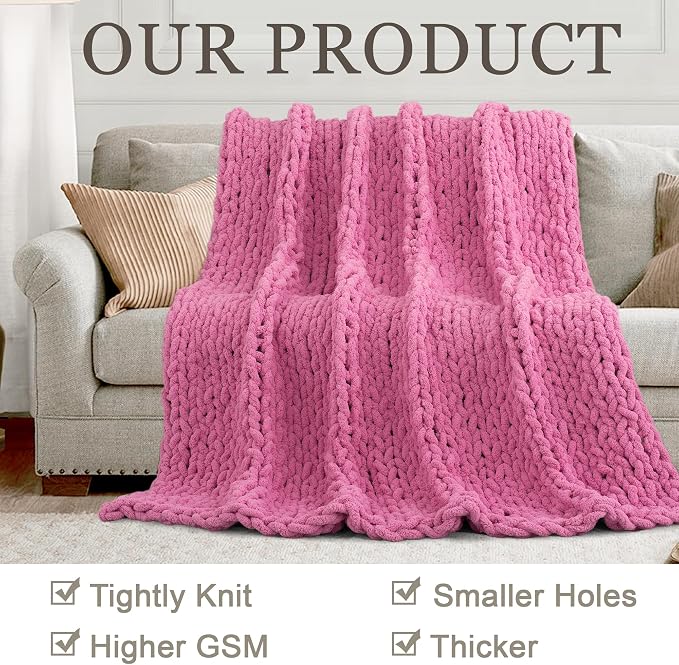 Chunky Knit Throw Blanket 60x80, 100% Handmade Chenille Yarn | 6.7lbs Soft Thick Cable Knitted Blankets, Large Rope Knot Crochet Throws for Couch Sofa Bed Machine Washable, Hot Pink