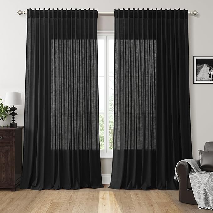 Nanspring Extra Wide Linen Curtains for Living Room 108 Inch Length for Room Divider Black Rustic Farmhouse Drape Rod Pocket Back Tab Light Filtering Bedroom Window Curtain for Sliding Door 100x108