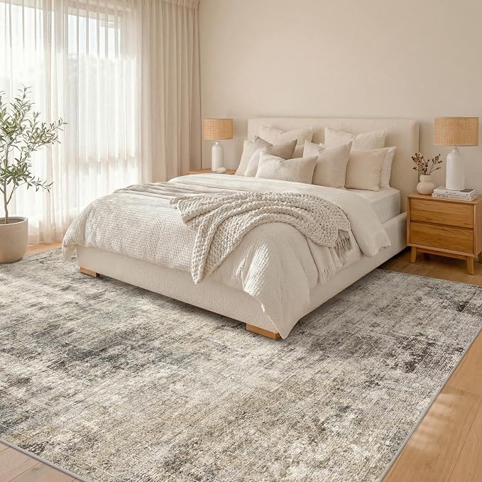 Hazo Haus Taupe Farmhouse 6x8 Area Rug for Bedroom & Living Room, Washable Rug for Dining Room Under Table, Soft Low Pile Boho Indoor Décor, Fade & Stain Resistant