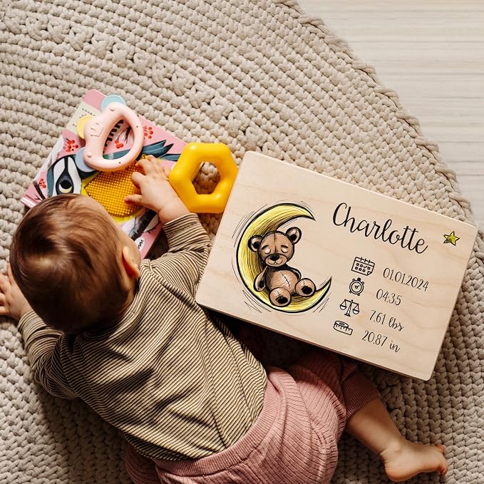 Creative Deco Personalized Wooden Storage Box Baby Memory Box | 11.8 x 7.87 x 5.51 in (+-0.5) | Hinged Lid Handle Engraving | Unpainted Gift Box | Rough UNSANDED Keepsake Souvenir Chest