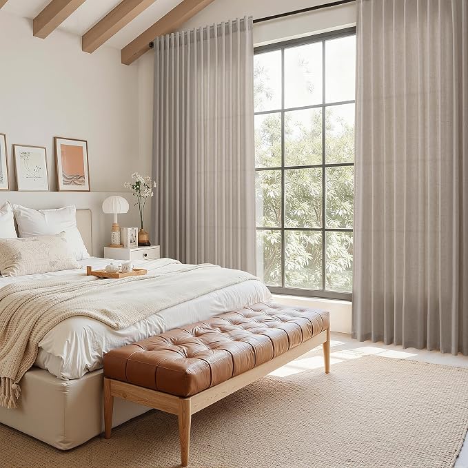 Ecru Linen Curtains 132 Inch Length for Living Room Light Filtering Semi Sheer Curtain Back Tab Rustic Farmhouse Decor Burlap Elegant Drapes Floor to Ceiling High Window for Bedroom 52x132, 2 Panels