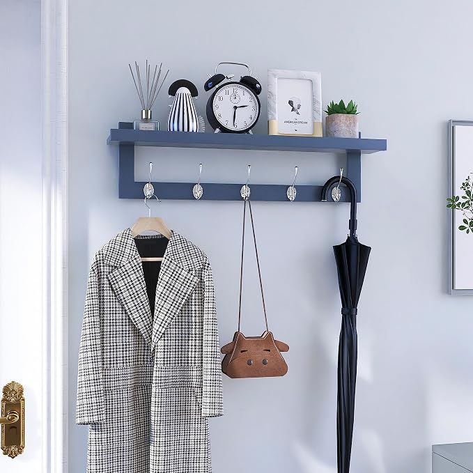 SMIBUY Coat Hooks with Shelf Wall-Mounted, 29.2 Inch Entryway Coat Rack for Wall, Bamboo Hanging Shelf with 5 Double Metal Hooks for Bathroom, Bedroom, Kitchen, Living Room, Mudroom (Grey)