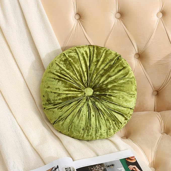 Verpert Pack 2：Round Floor Cushions Pillow, Solid Color Velvet Meditation Cushion Pumpkin Pleated Meditation Pillow for Home Sofa Bed Car Decor Floor Pillow Cushion Green