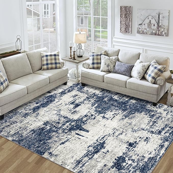 9x12 Area Rugs Living Room Rugs: Large Washable Rug with Anti-Slip Backing Non-Shedding Stain-Resistant Soft Abstract Carpet for Bedroom Dining Room Nursery Home Office - Gray/Blue