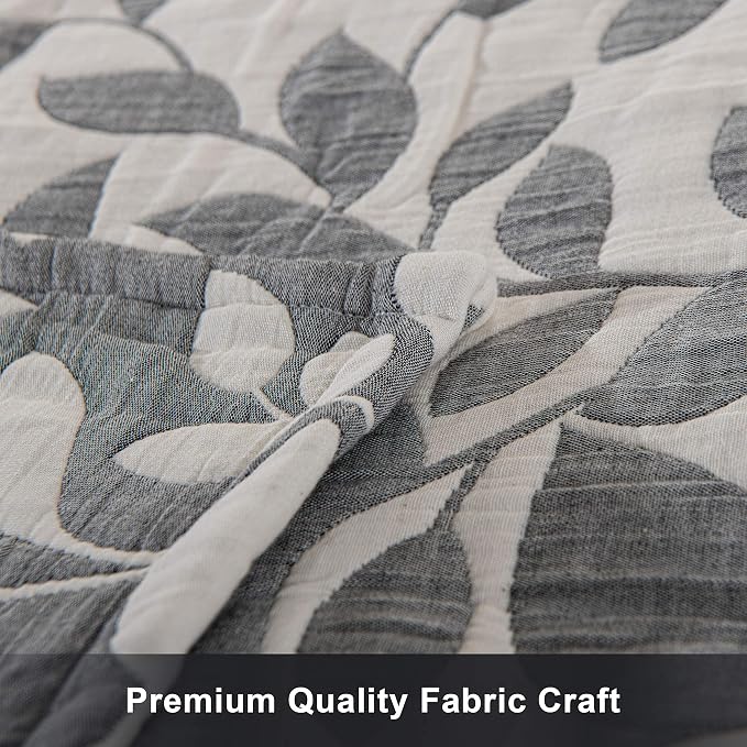 NTBAY 3 Layers Cotton Muslin 88x92 Queen Bed Blanket, Super Soft Breathable Thermal Yarn Dyed Quilt for Adults, Perfect Lightweight Blanket for Couch Sofa Bed All Seasons, Grey Leaf