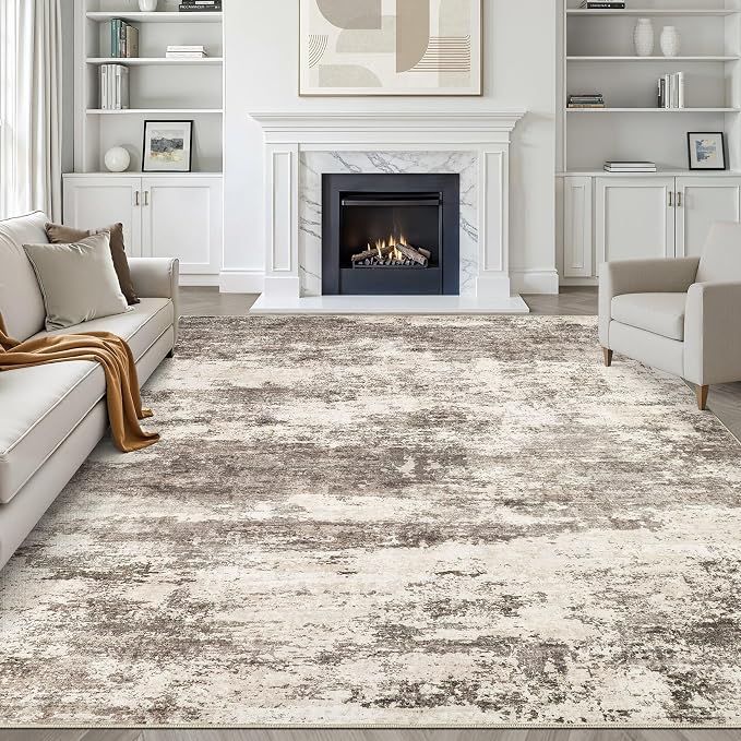 8x10 Area Rugs Living Room: Washable Large Neutral Rug Abstract Soft Modern Stain Resistant Indoor Floor Non-Slip Carpet for Bedroom Nursery Kids Office Playroom Dining Room Under Table- Mocha Brown