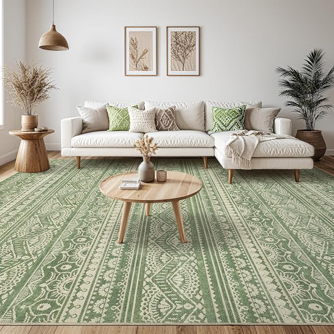 Tortania Area Rug Living Room Rugs - 6x9 Washable Large Soft Neutral Boho Moroccan Bohemian Farmhouse Rug Indoor Floor Carpet for Bedroom Under Dining Table Home Office Decor - Green