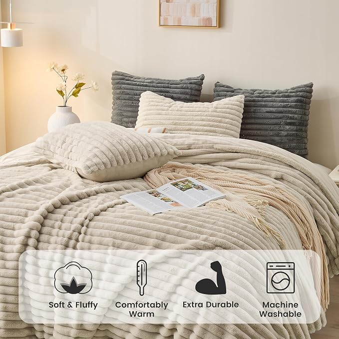 Simple&Opulence Fluffy Faux Fur Comforter Set, Plush Fuzzy Minky Bedding Set, 3 Pieces Warm Soft Comforter Bedding Set for Winter - 1 Shaggy Comforter with 2 Pillow Shams(Queen, Striped - Khaki)
