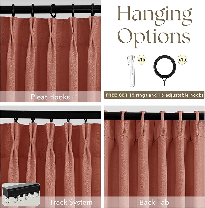Terracotta Pinch Pleated Linen Curtains 108 Inch Length 2 Panels for Living Room Bedroom Textured Semi Sheer Drapes Pinch Pleat Rings Window Curtain 40x108