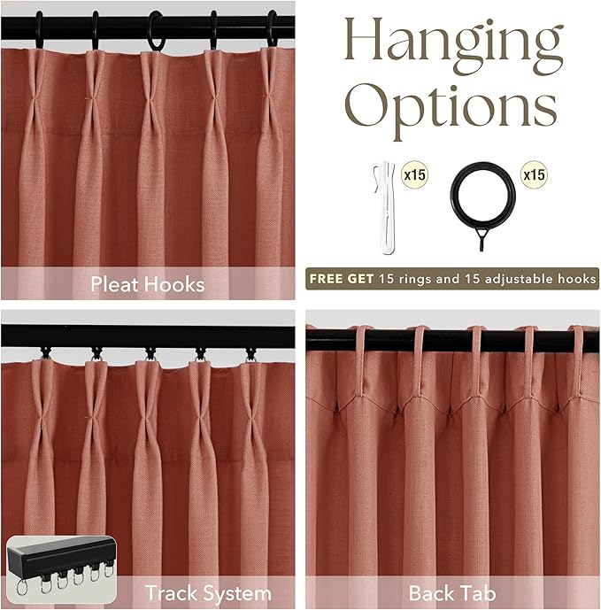 Terracotta Pinch Pleated Linen Curtains 72 Inch Length 2 Panels for Living Room Bedroom Textured Semi Sheer Drapes Pinch Pleat Rings Window Curtain 40x72